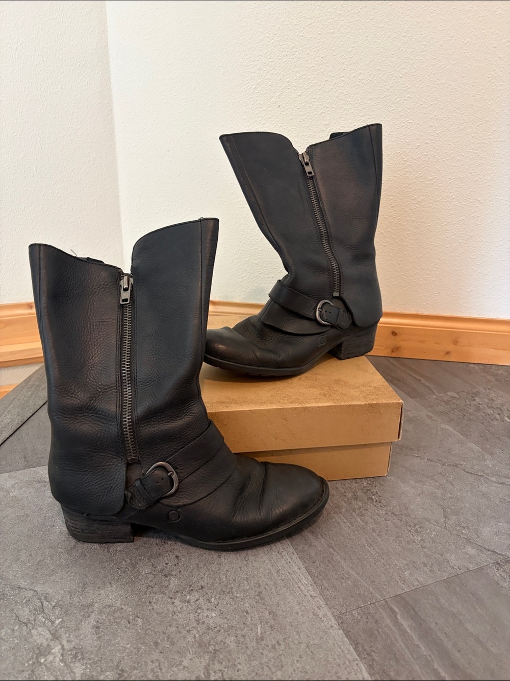 BORN boots: Black Women's Leather Mid-Calf Zip Harness Boots